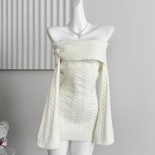 Load image into Gallery viewer, Autumn Winter Korean White Off Shoulder Slim Long Sleeve Twisted Short Dress Women Festival Backless Wrap Hip Knitted Dress Chic

