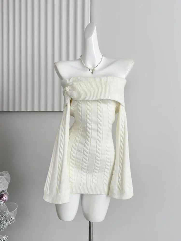 Autumn Winter Korean White Off Shoulder Slim Long Sleeve Twisted Short Dress Women Festival Backless Wrap Hip Knitted Dress Chic