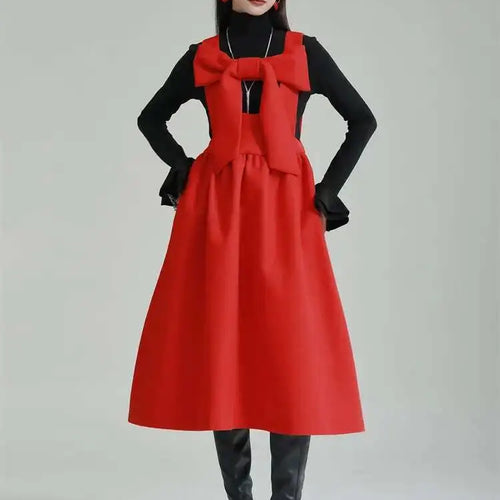 Load image into Gallery viewer, Women Gray Bow Bandage Spliced Long Elegant Woolen Dress New Sleeveless Loose Fit Fashion Tide Autumn Winter 2025 1DF3527
