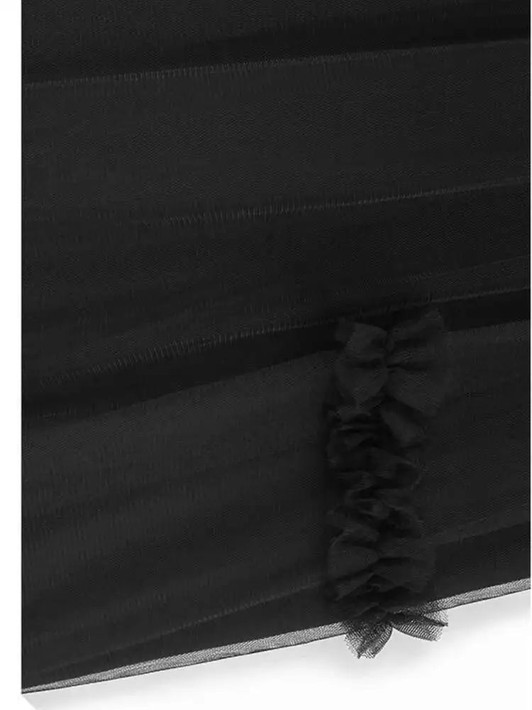 Women Black Mesh Ruffles Spliced Big Size Midi Dress New Round Neck Long Sleeve Fashion Tide Spring Autumn 2025 1DH7180