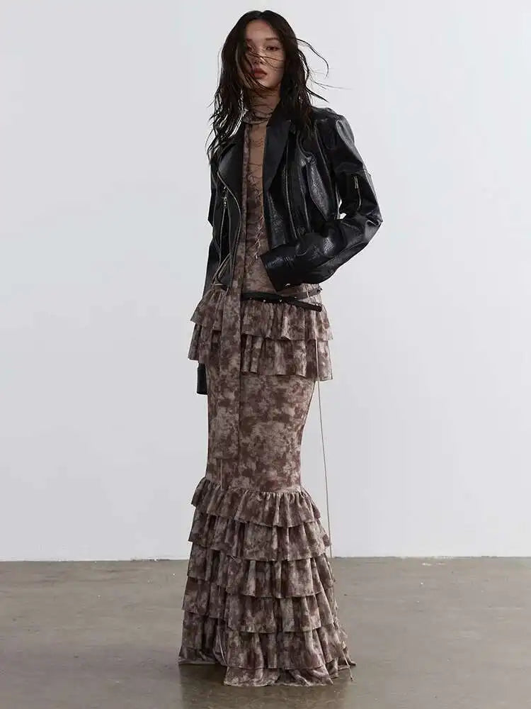 Women Beige Hollow Out Bandge Ruffles Long Elegant Dress New V-Neck Long Sleeve Fashion Tide Spring Autumn 2025 1DH4719