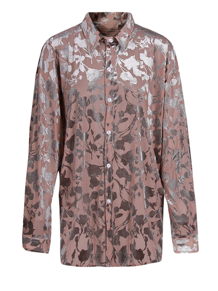 Women Pattern Printed Flocking Big Size Elegant Blouse New Lapel Long Sleeve Shirt Fashion Tide Spring Autumn 2025 CPG2802