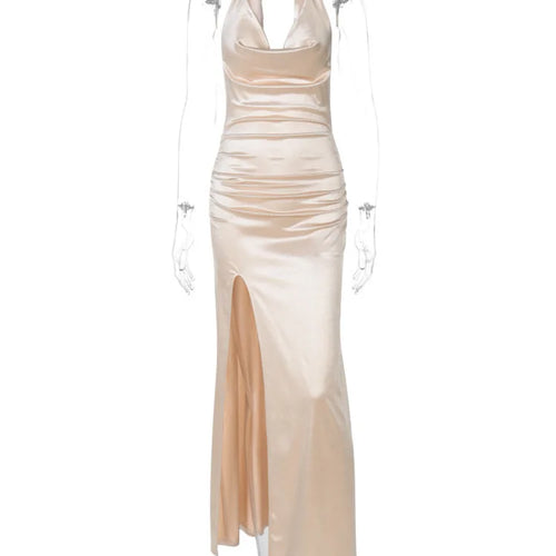 Load image into Gallery viewer, V-neck Sleeveless Neck-mounted Backless Ribbon Thigh Split Maxi Dress Women Elegant Sexy Evening Dress Ladies Outfits
