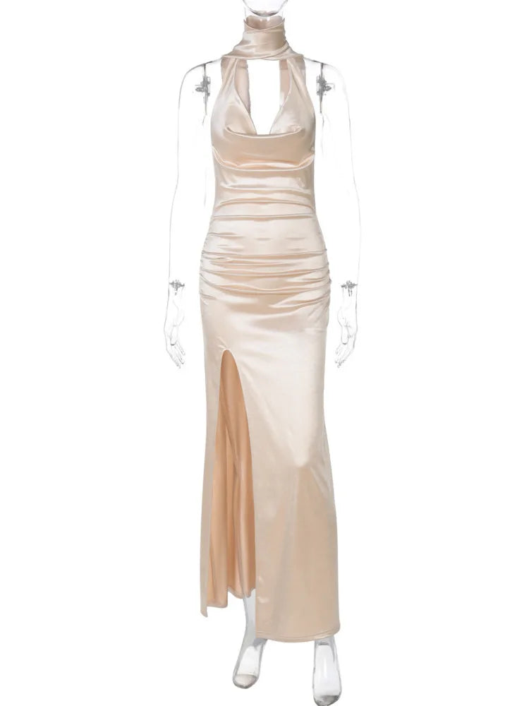 V-neck Sleeveless Neck-mounted Backless Ribbon Thigh Split Maxi Dress Women Elegant Sexy Evening Dress Ladies Outfits