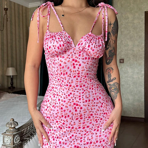 Load image into Gallery viewer, Women Sexy Y2K Clothes Floral Print Lace Up Sleeveless Backless Ruffle Bodycon Maxi Dress Outfits Birthday Party Club
