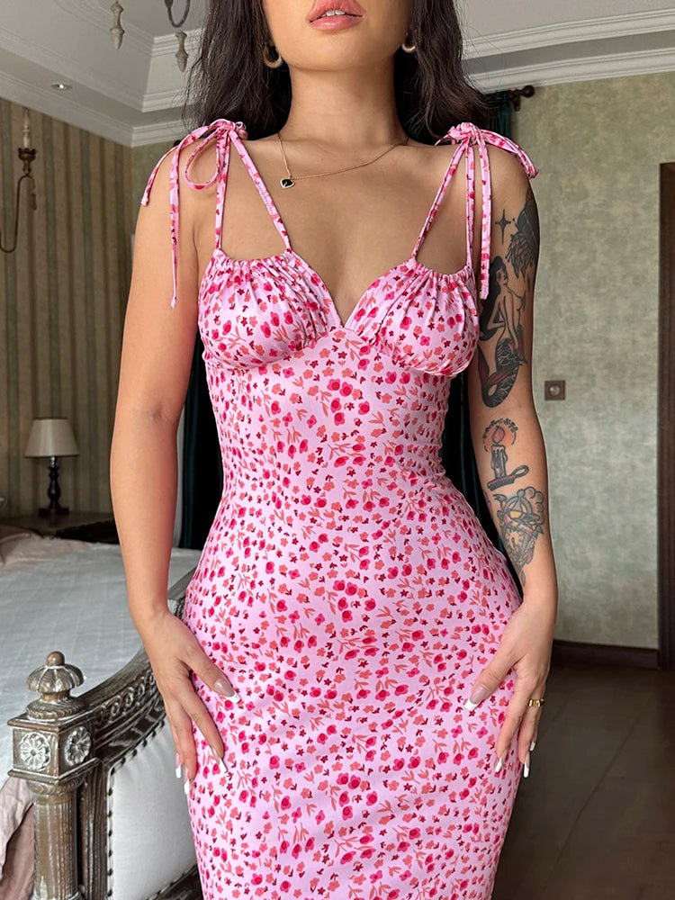 Women Sexy Y2K Clothes Floral Print Lace Up Sleeveless Backless Ruffle Bodycon Maxi Dress Outfits Birthday Party Club