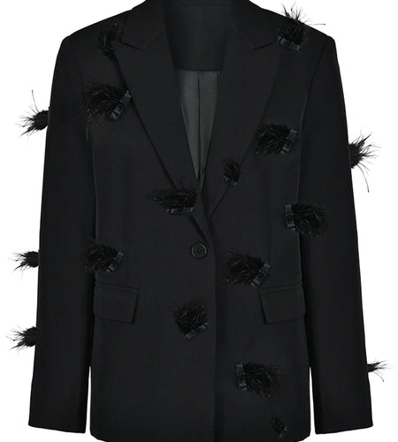 Women Black Nailed Feather Elegant Blazer New Lapel Long Sleeve Loose Fit Jacket Fashion Tide Spring Autumn 2025 CP1821