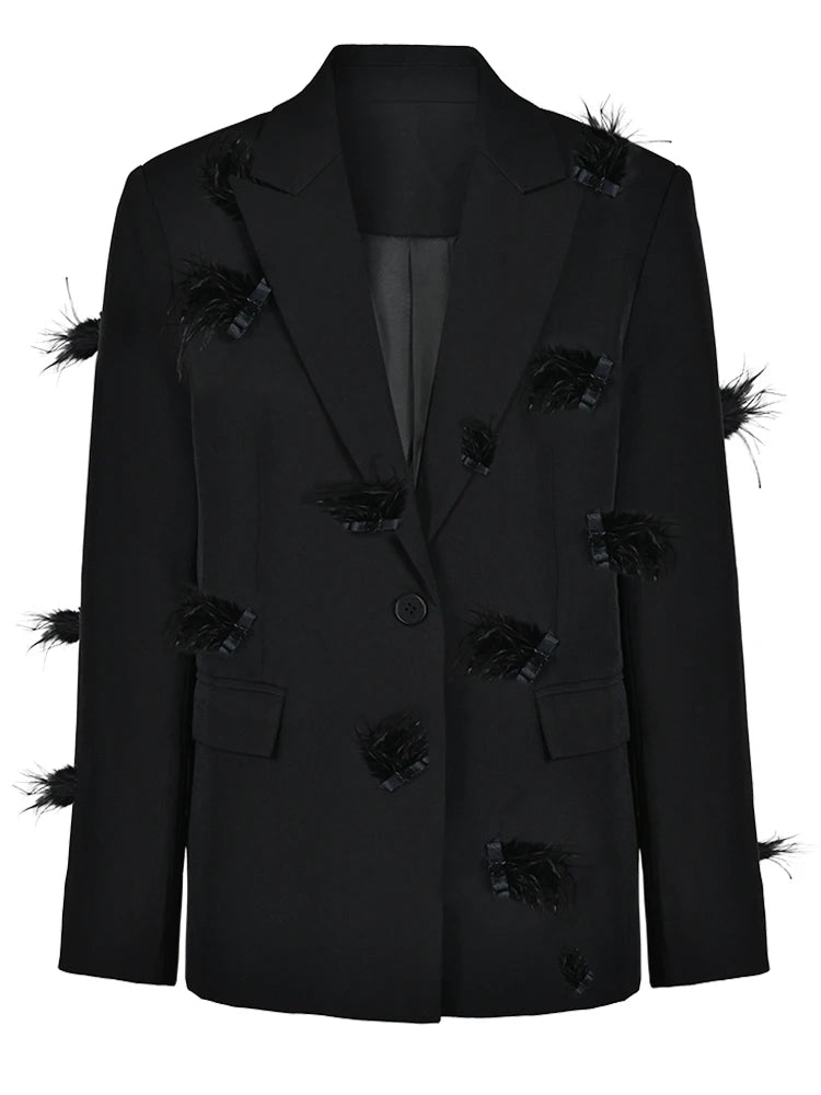 Women Black Nailed Feather Elegant Blazer New Lapel Long Sleeve Loose Fit Jacket Fashion Tide Spring Autumn 2025 CP1821