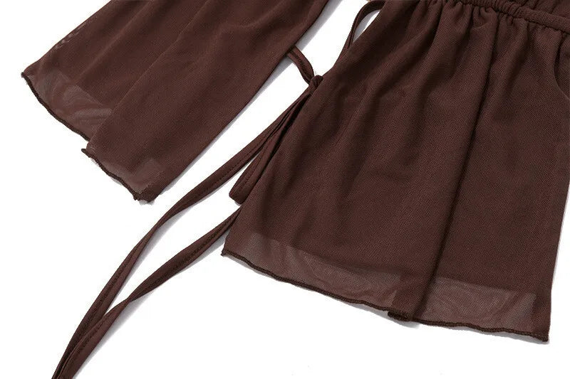 Hollow Out Lace-up Sexy Skirt 2 Piece Sets Women Brown Halter Crop Tops And Maxi Skirt Female Skinny Sexy Two Piece Set