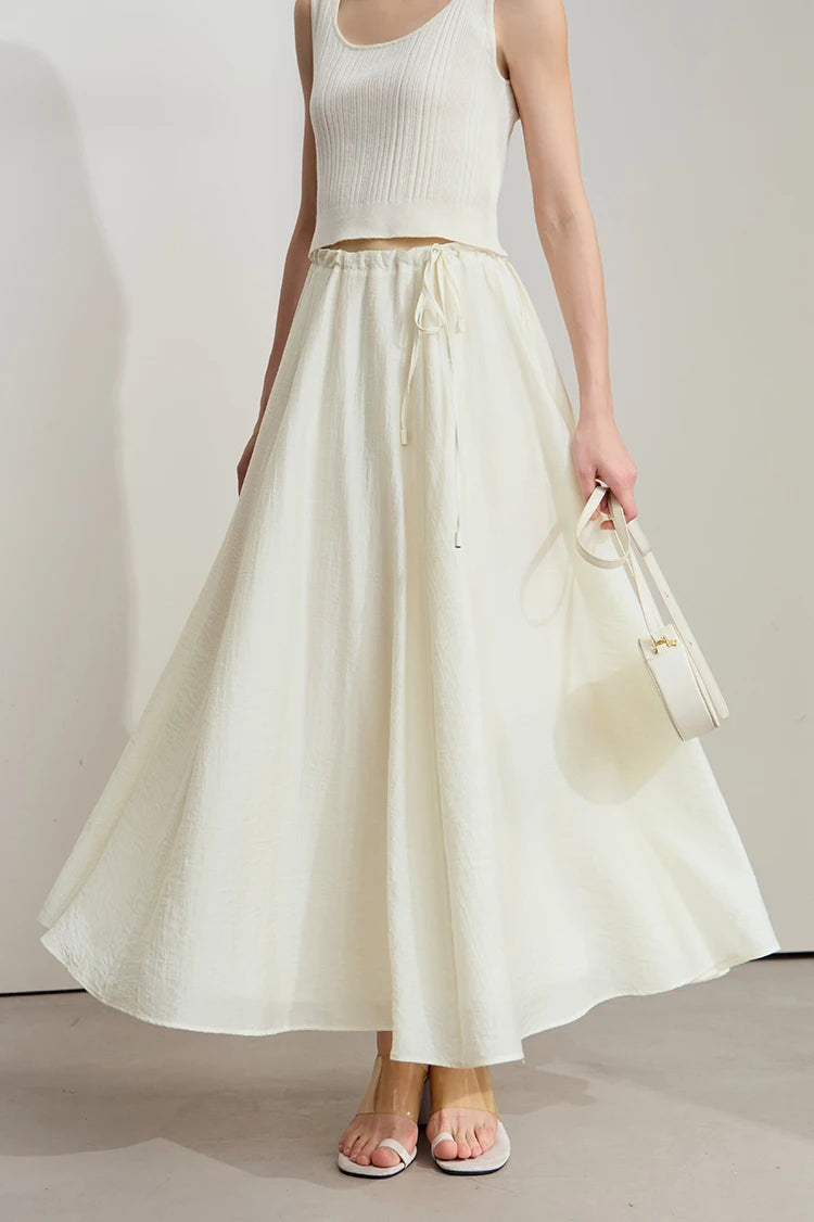 Minimalist New Summer Knee Length A-line Skirt Women Adjustable Drawstring Solid Color Commuting Style Loose Skirt 12522025