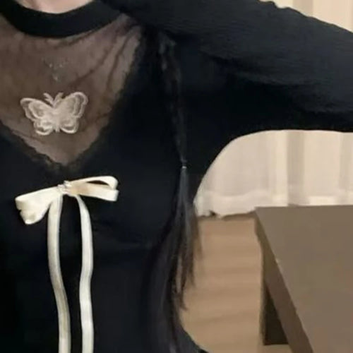 Load image into Gallery viewer, Harajuku Vintage Fairy Lace Patchwork Tees Y2k Aesthetic Slim Fit Women Sexy Butterfly T-shirt Streetwear Grunge Black Tshirts
