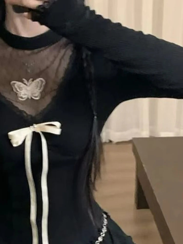 Harajuku Vintage Fairy Lace Patchwork Tees Y2k Aesthetic Slim Fit Women Sexy Butterfly T-shirt Streetwear Grunge Black Tshirts