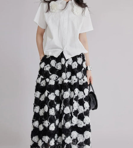 Blackwhite Hit Color Spliced 3D Flower Fashion Skirts for Women High Waist Patchwork Pockets Long Skirt Female New