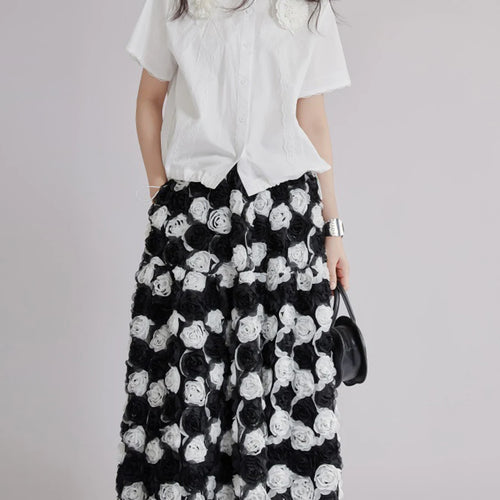 Load image into Gallery viewer, Blackwhite Hit Color Spliced 3D Flower Fashion Skirts for Women High Waist Patchwork Pockets Long Skirt Female New
