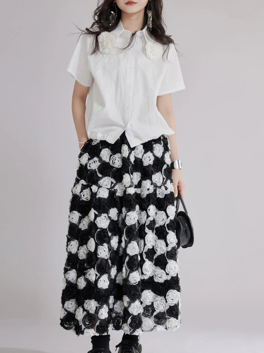 Blackwhite Hit Color Spliced 3D Flower Fashion Skirts for Women High Waist Patchwork Pockets Long Skirt Female New
