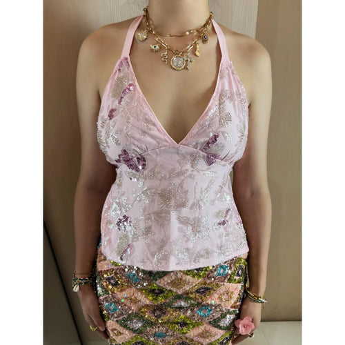 Load image into Gallery viewer, Sexy Sequin Floral Tanks y2k Women Glitter Embroidery Sleeveless Backless Crop Tops Vest 2000s Clothing Party Clubwear
