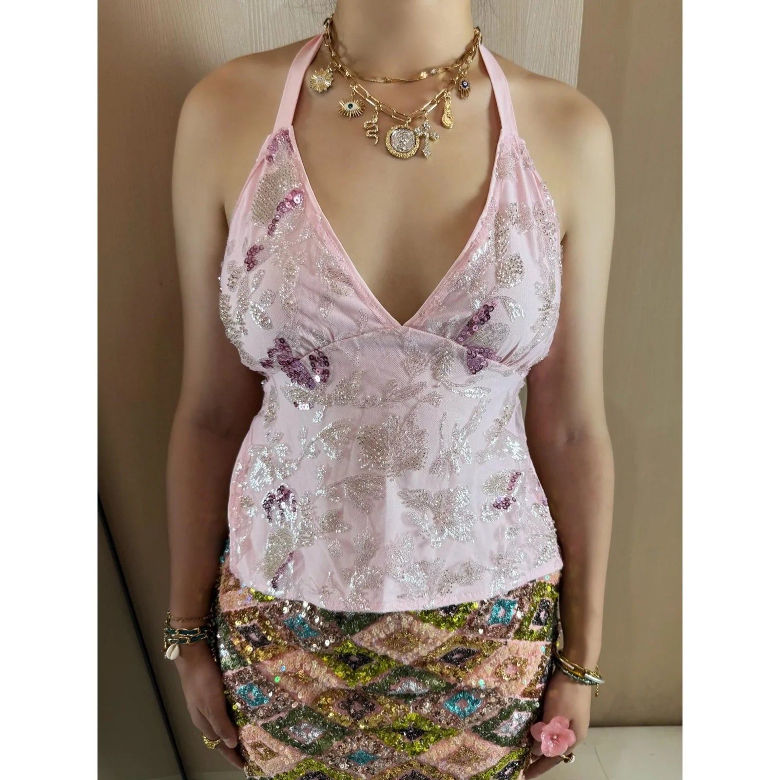 Sexy Sequin Floral Tanks y2k Women Glitter Embroidery Sleeveless Backless Crop Tops Vest 2000s Clothing Party Clubwear