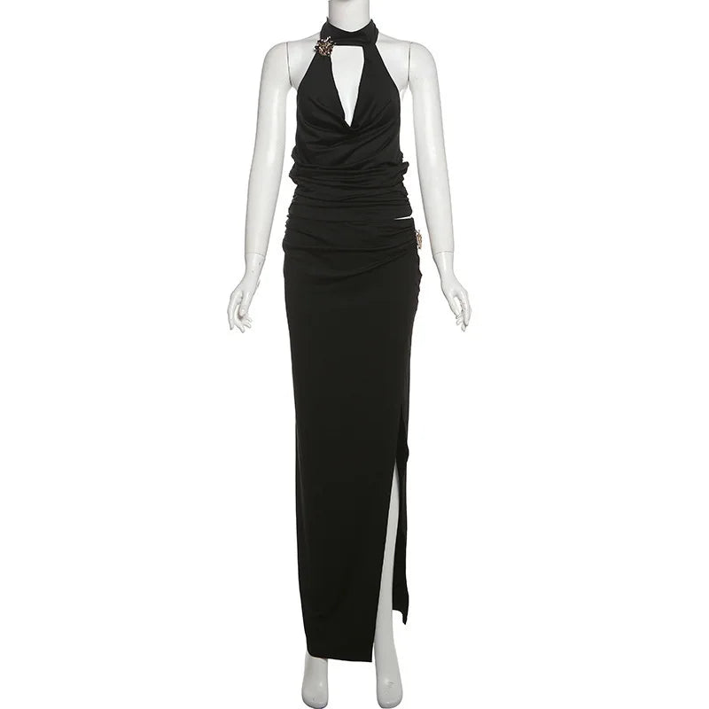 Sexy Sleeveless Skirt Two Pieces Sets For Women Metal Buckle Backless Tops And Thigh Split Long Skirt Two Pieces Sets