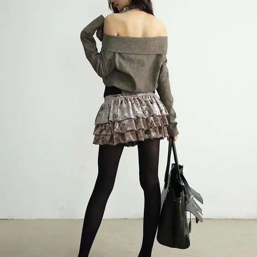 Load image into Gallery viewer, Women Apricot Silver Velvet Elegant Ruffles Mini Dress New Round Neck Sleeveless Fashion Tide Spring Autumn 20251DH8264
