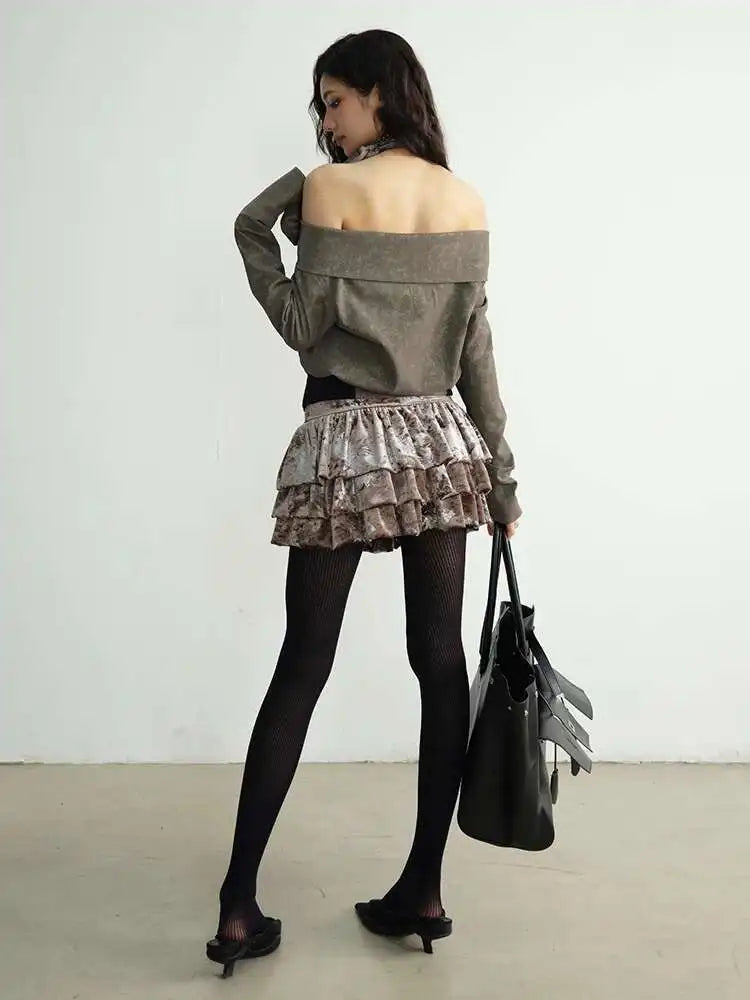 Women Apricot Silver Velvet Elegant Ruffles Mini Dress New Round Neck Sleeveless Fashion Tide Spring Autumn 20251DH8264