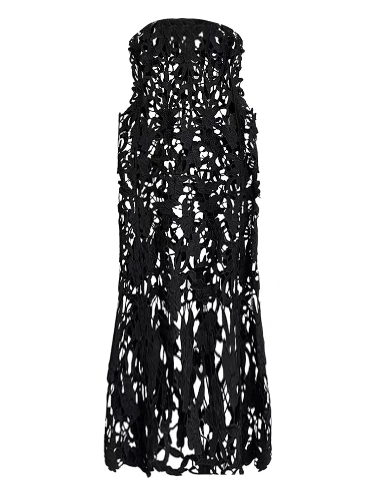 Women Black Lace Hollow Out Perspective Big Size Dress New Round Neck Sleeveless Fashion Tide Spring Summer 2025 1DJ0243