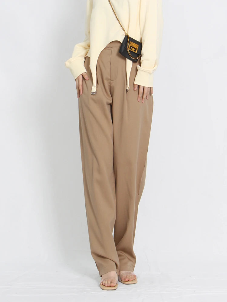 Casual Solid Long Pants For Women High Waist Patchwork Pockets Loose Wide Leg Trousers Female Spring Clothing