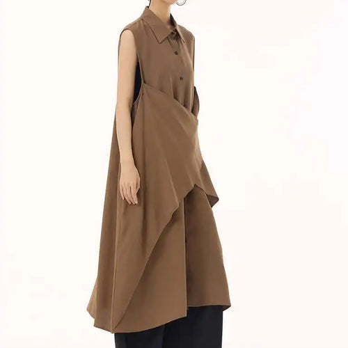 Load image into Gallery viewer, Women Khaki Irregular Spliced Big Size Midi Shirt Dress New Lapel Sleeveless Fashion Tide Spring Summer 2025 1DH9434
