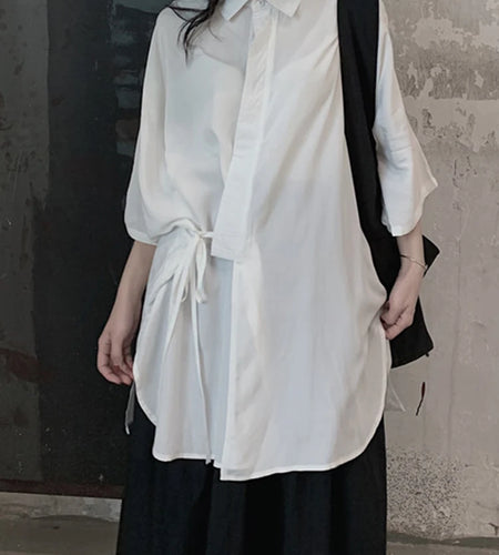 Women White Bandage Big Size Elegant Blouse New Lapel Three-quarter Sleeve Shirt Fashion Tide Spring Autumn 2025 1DJ1666