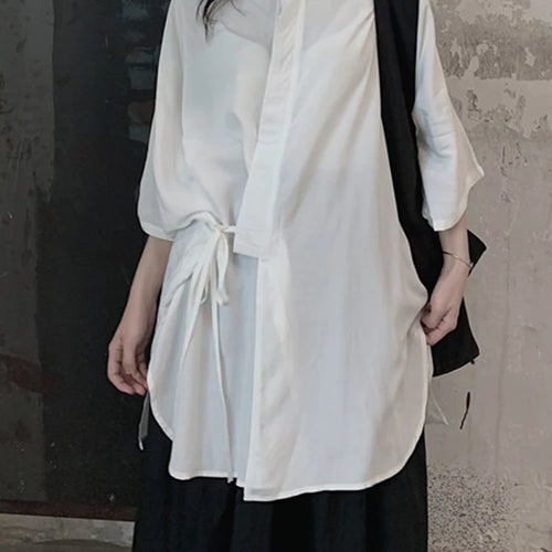 Load image into Gallery viewer, Women White Bandage Big Size Elegant Blouse New Lapel Three-quarter Sleeve Shirt Fashion Tide Spring Autumn 2025 1DJ1666
