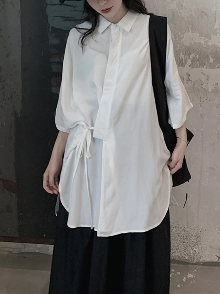 Women White Bandage Big Size Elegant Blouse New Lapel Three-quarter Sleeve Shirt Fashion Tide Spring Autumn 2025 1DJ1666