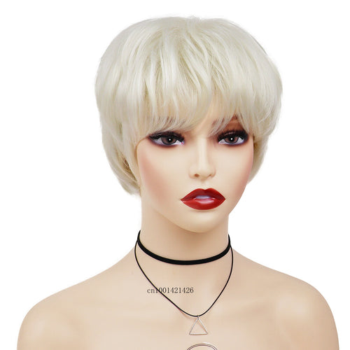 Load image into Gallery viewer, Short Wigs for Women Syntheitc Platinum Blonde Straight Hair Pixie Cuts Haircut Natural Wigs with Bangs Casual Style Mommy Wig
