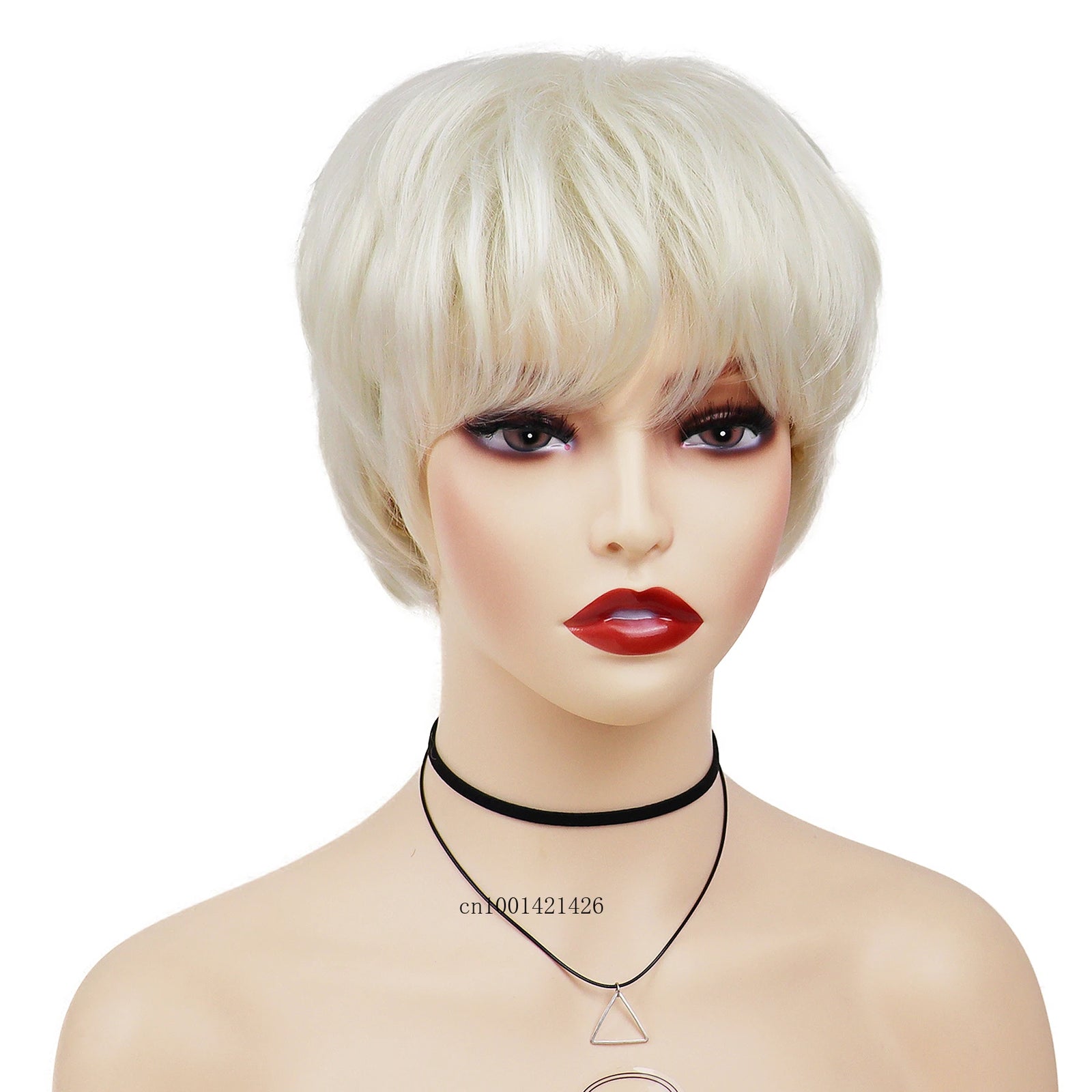 Short Wigs for Women Syntheitc Platinum Blonde Straight Hair Pixie Cuts Haircut Natural Wigs with Bangs Casual Style Mommy Wig