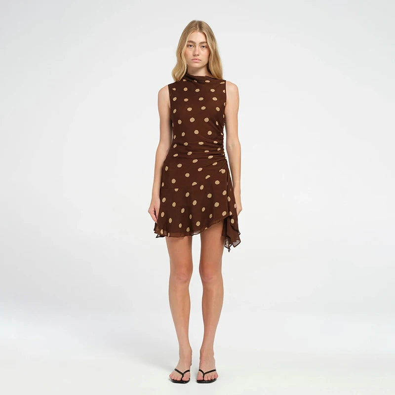 Sleeveless Polka Dot Dress For Woman Fashion Brown Print Mesh O Neck Ruched Mini Dress Elegant Irregular Dresses