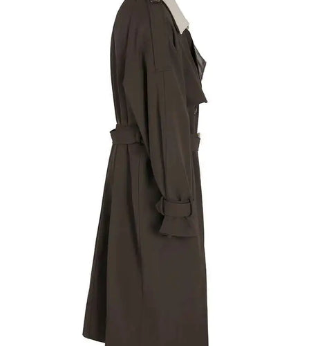 Women Brown Color-block Big Size Long Trench New Lapel Long Sleeve Windbreaker Fashion Tide Spring Autumn 2025 2AA310104