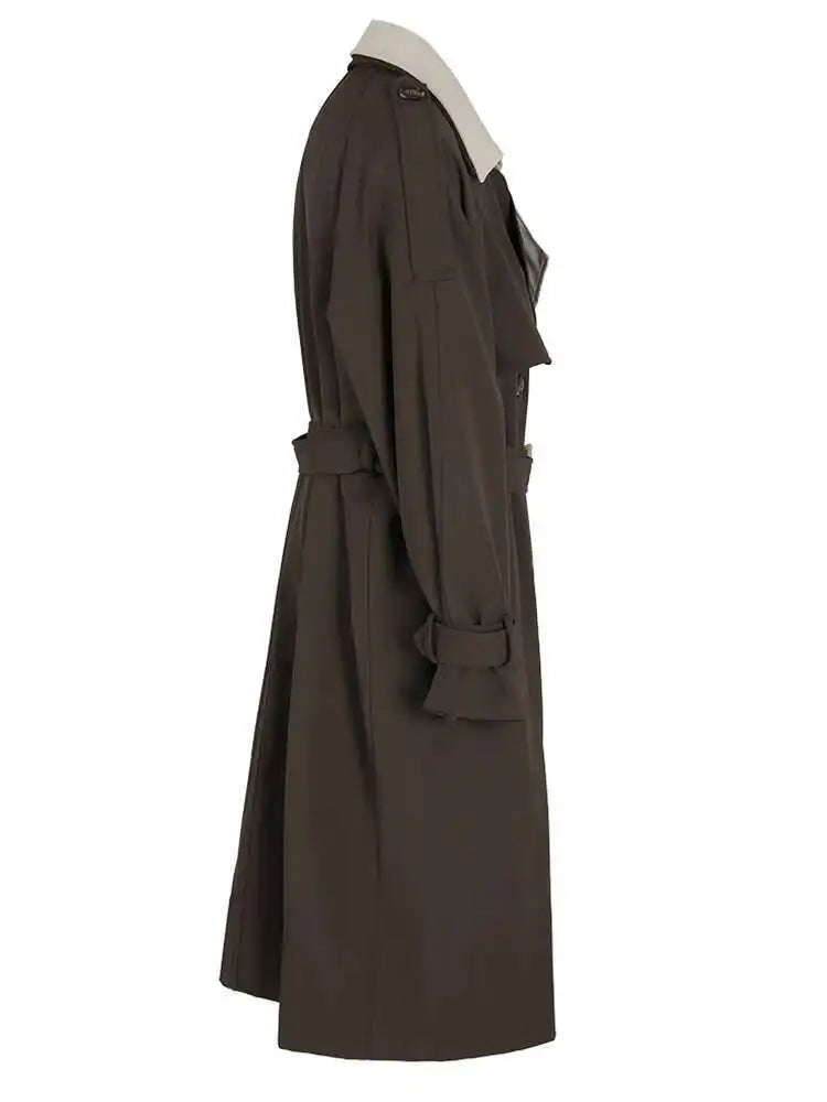 Women Brown Color-block Big Size Long Trench New Lapel Long Sleeve Windbreaker Fashion Tide Spring Autumn 2025 2AA310104