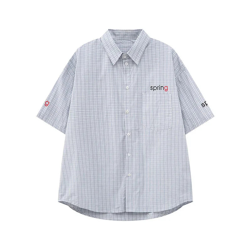 Men's Short Sleeve Shirts Plaid Collar Design New Summer Shirt Letter Printed Trendy Casual Loose Male Clothing 9W1593