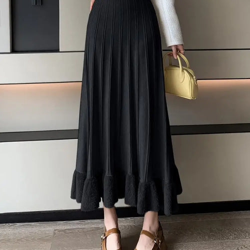 Load image into Gallery viewer, Korean Fashion Women Patchwork Ruffle Edge Knitted Long Skirts 2024 Autumn Winter Vintage High Waist Party A-line Pleated Skirt
