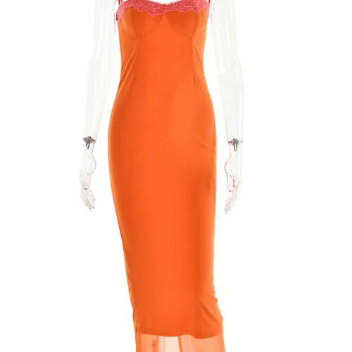 Load image into Gallery viewer, Sexy Lace Patchwork Backless Slim Women Dress Spaghetti Srap Double Layer Bodycon Midi Female Elegant Party Clubwear
