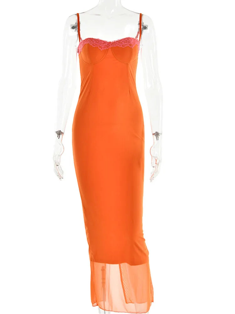 Sexy Lace Patchwork Backless Slim Women Dress Spaghetti Srap Double Layer Bodycon Midi Female Elegant Party Clubwear