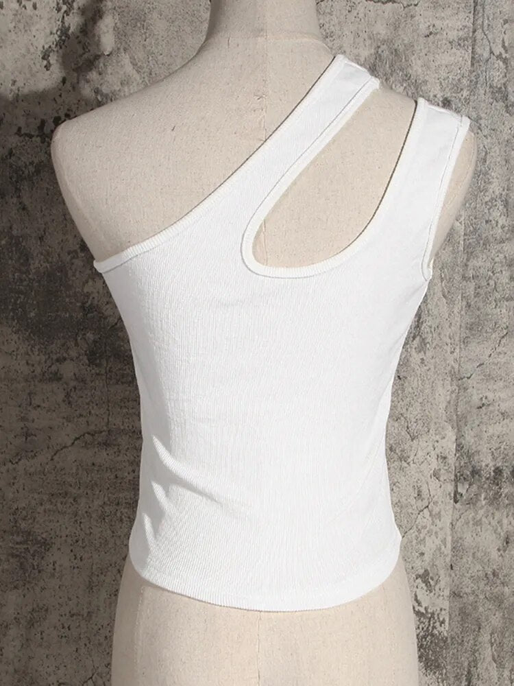 Hollow Out Tank Tops For Women Skew Collar Sleeveless Pullover Slim Asymmetrical  Temeprament Vest Female Fashion