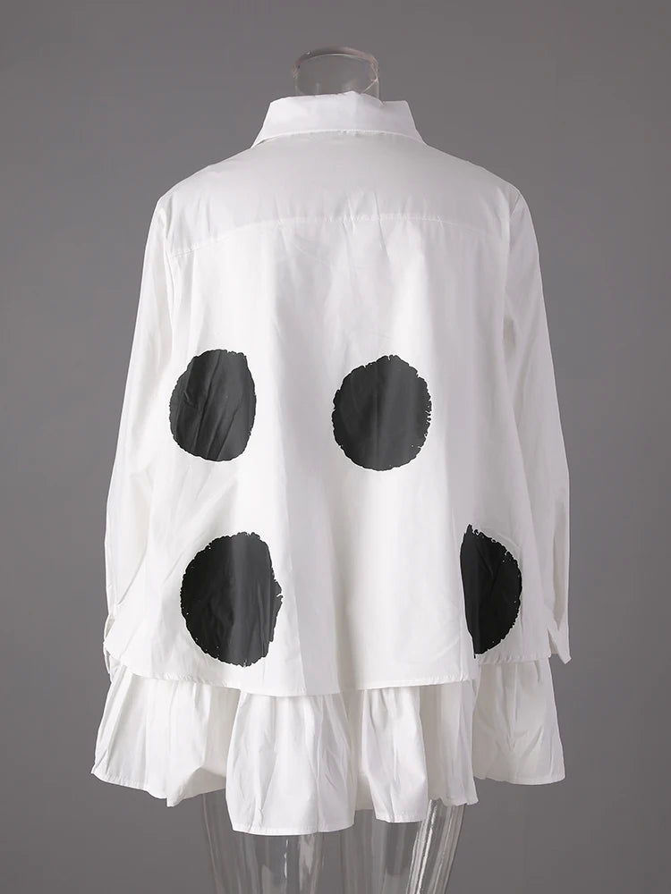 Women Black Color-block Dot Big Size Blouse New Lapel Long Sleeve Large Hem Shirt Fashion Tide Spring Autumn 2025 1DH4274