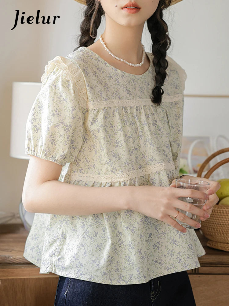 Lace Floral Sweet Women's Blouses Summer Puff Sleeve O-neck Simple Fashion Female Blouse French Style Chic Office Ladies