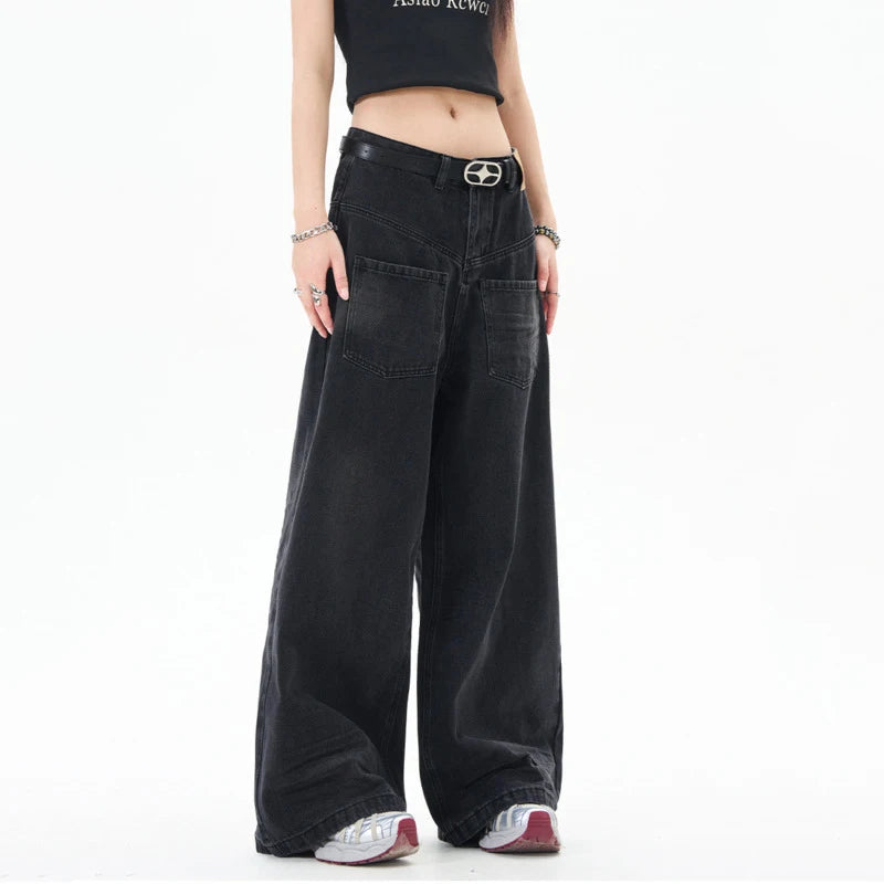 American Style Men's Denim Panst Casual Solid Color Reverse Pocket Design Straight Wide Leg Baggy Male Jeans Spring 9W1202