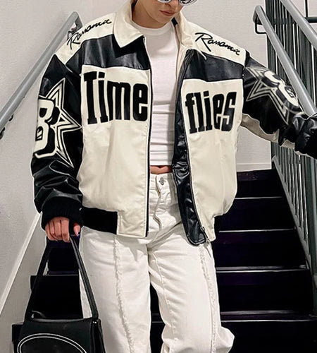 Streetwear Letter Printed Winter Jacket Women Zip-Up Fashion Autumn PU Leather Coat Contrast Color Moto Style Jackets