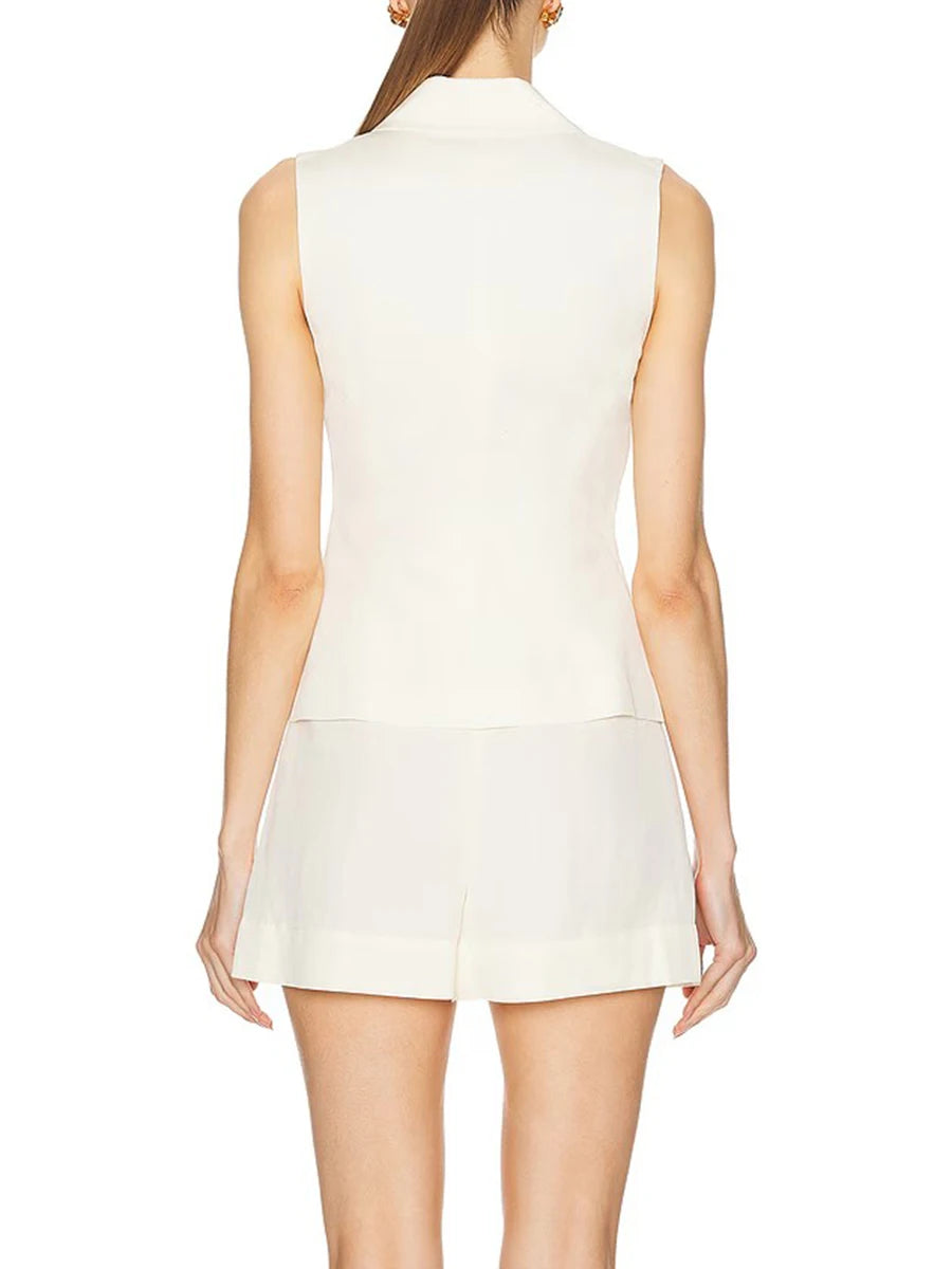 Solid Two Piece Set For Women V Neck Sleeveless Spliced Button Vest High Waist Shorts Slimming Sets Female Clothes