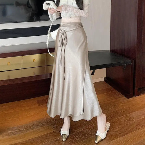 Load image into Gallery viewer, French Fashion Solid High Waist Lace-up Long Skirts 2025 Spring Summer Women Vacation Pleated Fishtail Skirt Simplicity Popular
