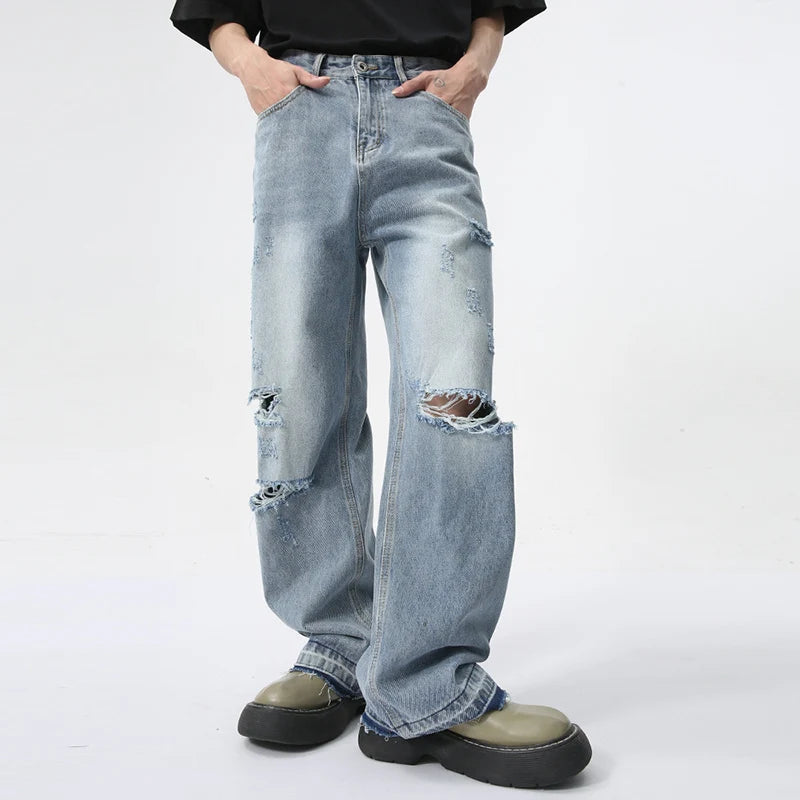 Trendy Men's Straight Jeans Worn-out Hole Design Autumn New Streetwear American Style Wide Leg Denim Pants Spring 9C5979