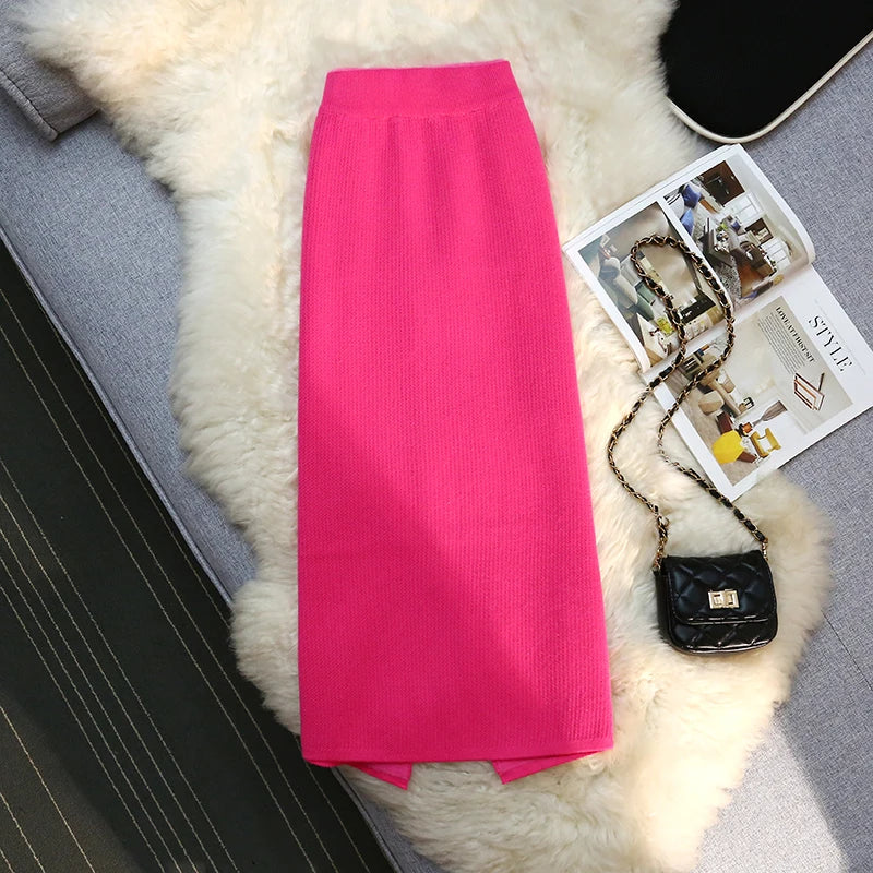 Fashion Elegant Casual Skirts Women Autumn Winter New High Waist Knitted Split Long Solid Color Skirt Keep Warm Thicken Female