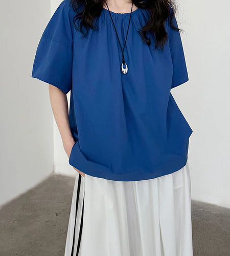 Women Blue Back Hollow Out Bandage Big Size  Blouse New Round Neck Short Sleeve Shirt Fashion Spring Summer 2025 1DJ1082
