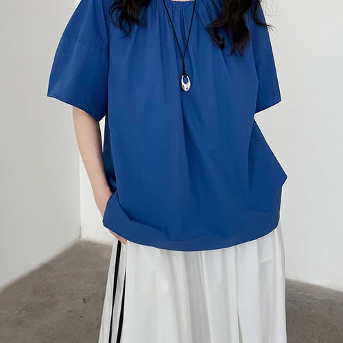 Load image into Gallery viewer, Women Blue Back Hollow Out Bandage Big Size  Blouse New Round Neck Short Sleeve Shirt Fashion Spring Summer 2025 1DJ1082
